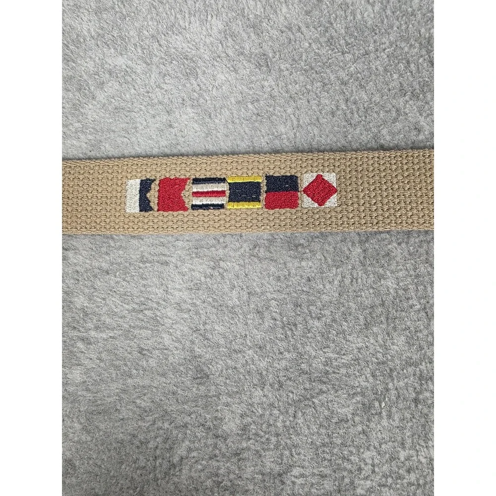 Zeppelin Belt Mens 32 Tan Canvas Leather Brass Buckle Nautical Flag Made USA‎